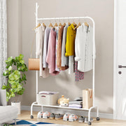 Lukzer Metal Garment Rack with Wheels & 1 Bottom Storage Shelf (MGR-005/White)