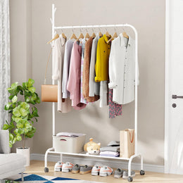 Lukzer Metal Garment Rack with Wheels & 1 Bottom Storage Shelf (MGR-005/White)