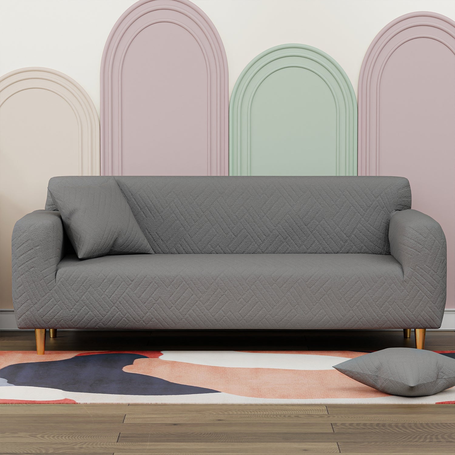 Jacquard Sofa Cover (Pastel Pink Abstract Design)