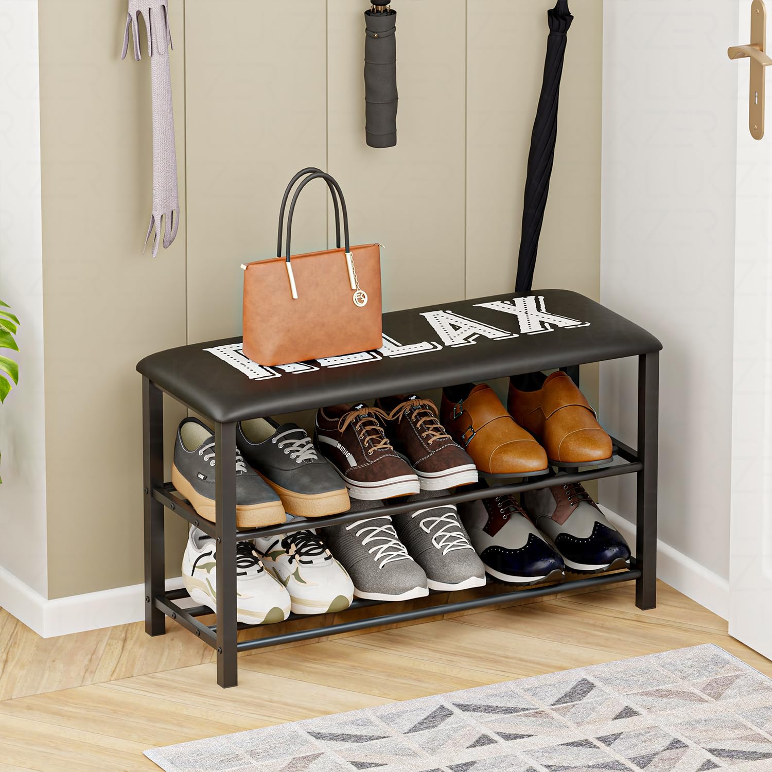 Lukzer 2-Layer Shoe Rack with Bench – Relax Printed Design, Sturdy Storage Organizer