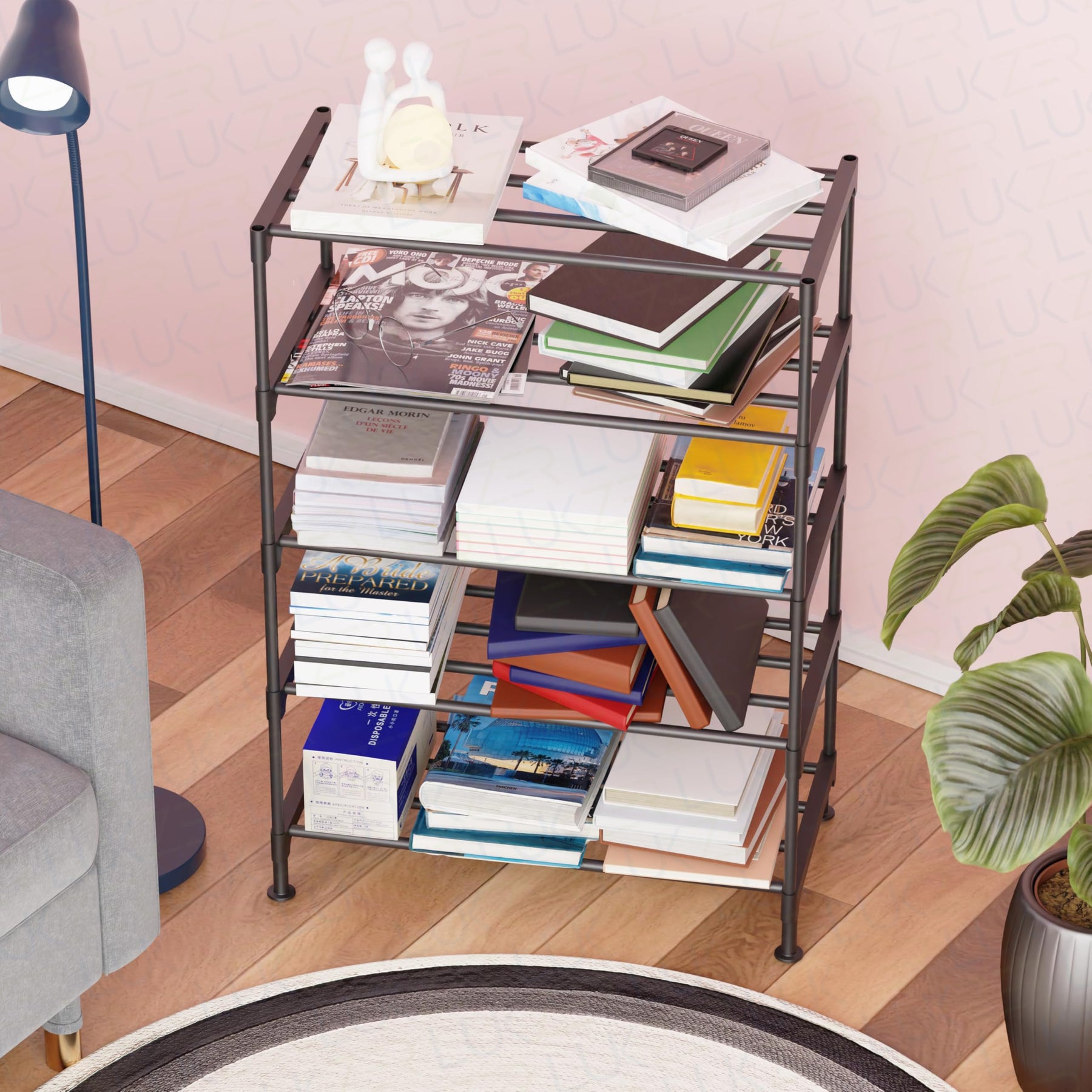 Lukzer Easy DIY Metal & Plastic Bookshelf/Storage Organizer – Black & Silver (3/4/5/6 Layers)