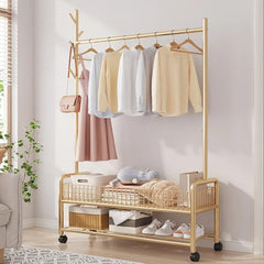 Lukzer Heavy-Duty Portable Metal Clothes Rack with Double Rod & Bottom Shelf (MGR-002/Gold)