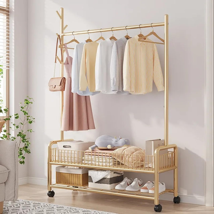 Lukzer Heavy-Duty Portable Metal Clothes Rack with Double Rod & Bottom Shelf (MGR-002/Gold)