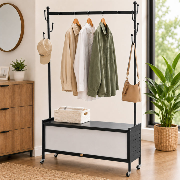 Lukzer Metal Garment Rack with Dust-Proof Storage Shelf & Multiple Hooks (Black)