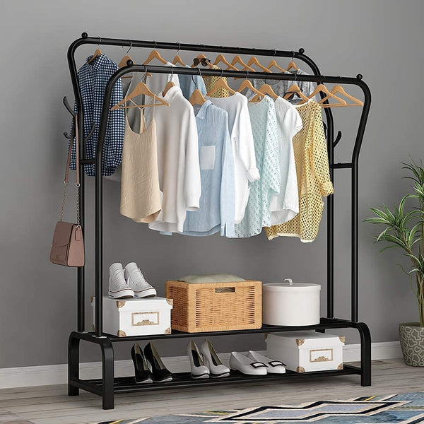 Lukzer Metal Cloth Stand with 2 Hanging Rods & Dual Storage Shelves (MGS-003/Black)