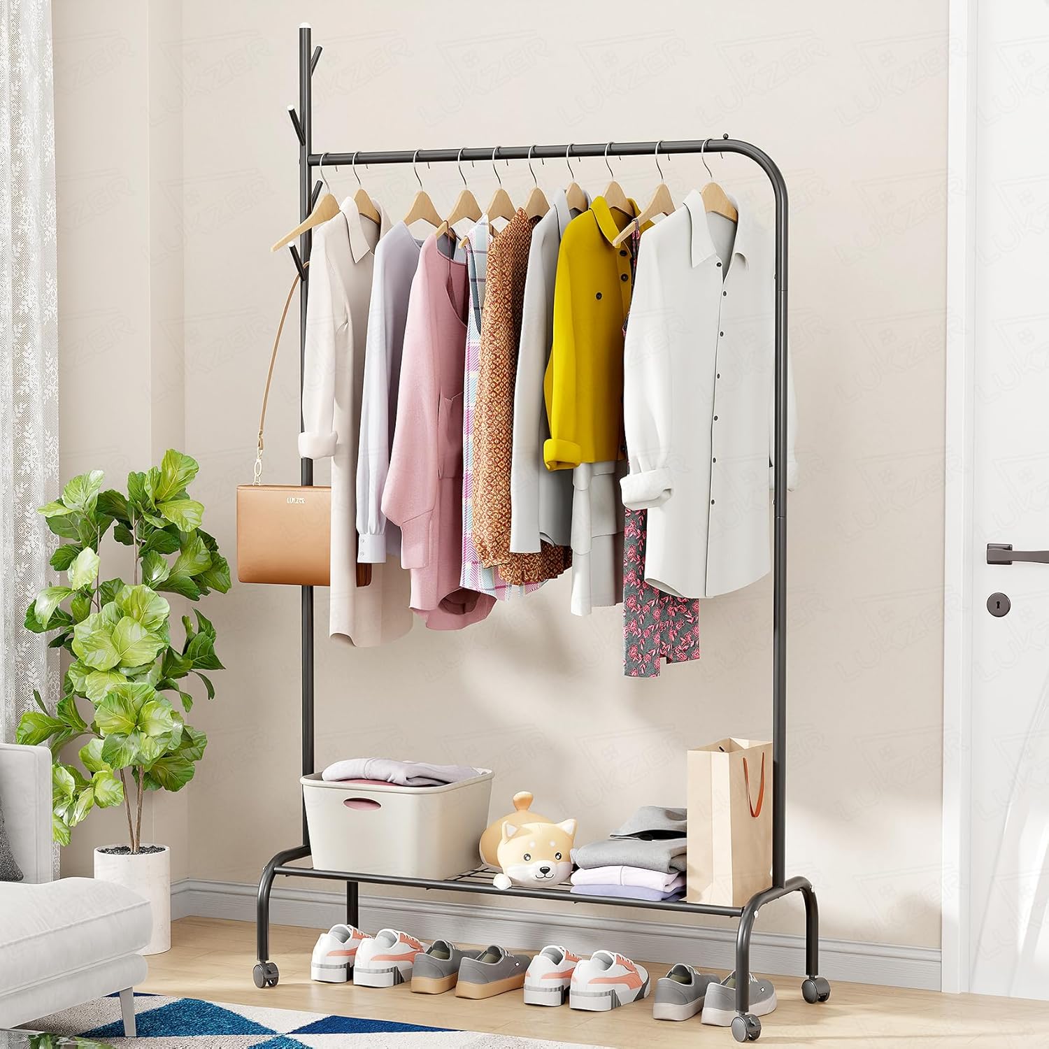 Lukzer Metal Garment Rack with Wheels & 1 Bottom Storage Shelf (MGR-005/Black)
