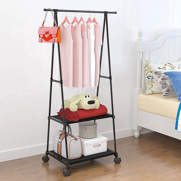 Lukzer A- Shape Metal Multipurpose Garment Rack with 2 Bottom Shelves Black