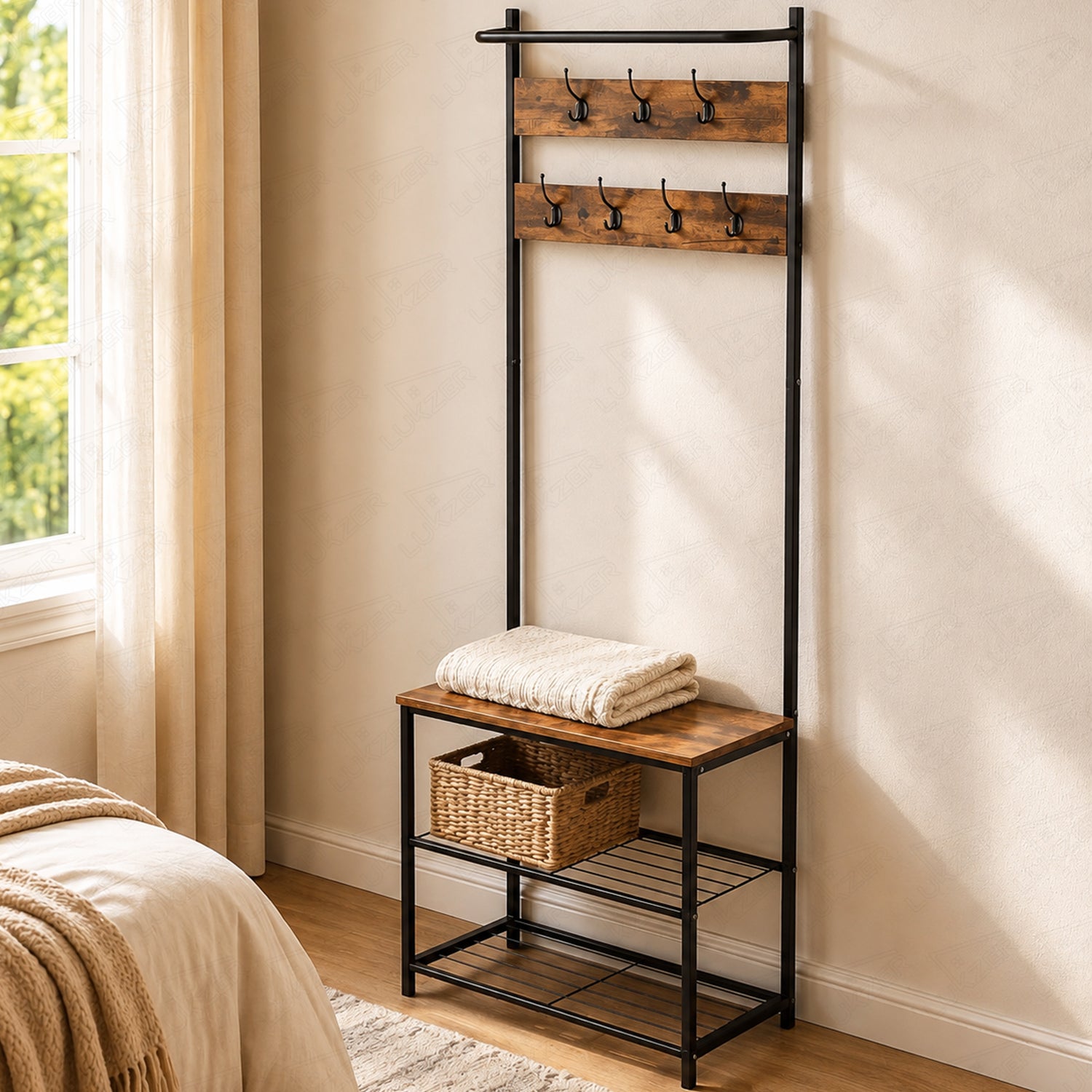 Lukzer Multipurpose Hall Tree with Coat Rack, Bench and Shoe Storage (Black & Oak)