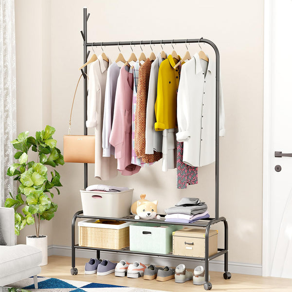 Lukzer Metal Garment Rack with Wheels & Double Bottom Storage Shelves (MGR-006/Black)