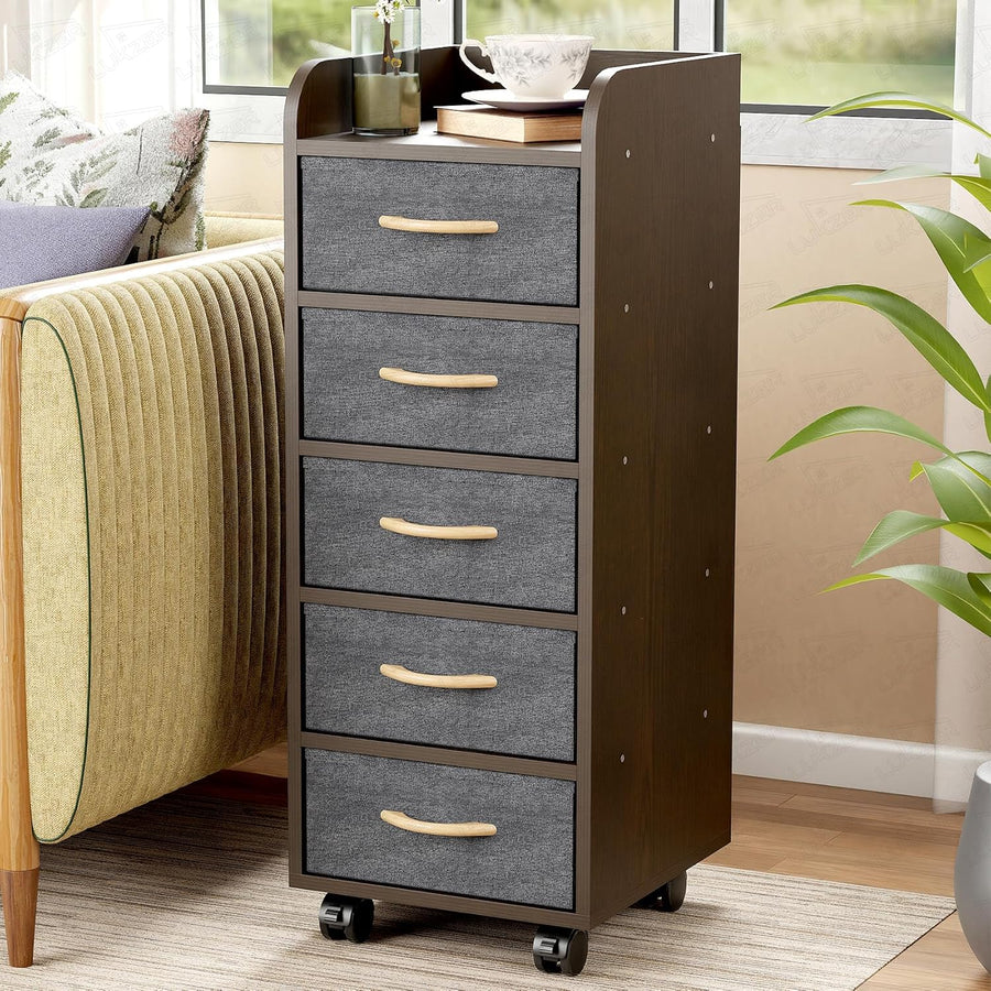 Lukzer 5-Drawer Engineered Wood Storage Cabinet with Fabric Bins & Wheels (MR-027/Wenge)