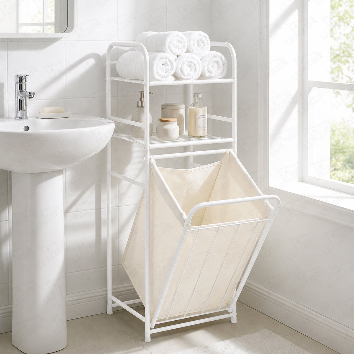Lukzer Laundry Basket with 2-Tier Metal Storage Shelves & Detachable Fabric Hamper (White)