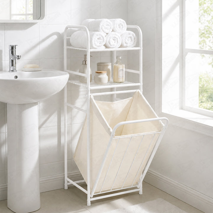Lukzer Laundry Basket with 2-Tier Metal Storage Shelves & Detachable Fabric Hamper (White)