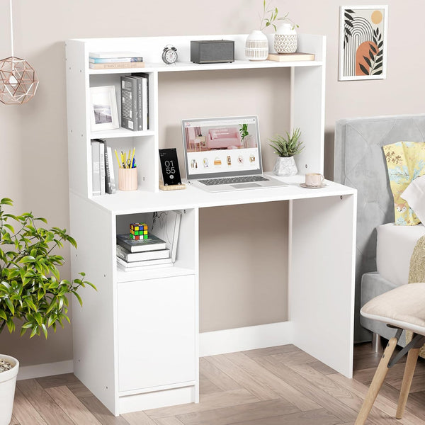 Lukzer Engineered Wood Office Desk & Study Table with Bookshelf & Cabinet (ST-009/White)
