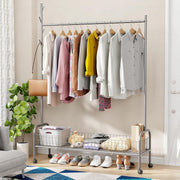 Lukzer Metal Single Rod Clothes Hanging Stand with Bottom Shelf & Lockable Wheels (MGR-003/Grey)