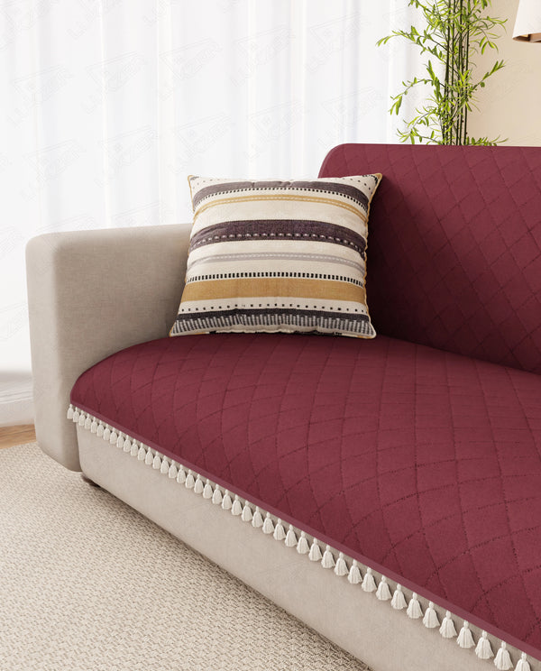Lukzer 5 Seater Quilted Sofa Cover Mat with Tassels - 3+1+1 Seat - Cranberry Red - SC-194-05T