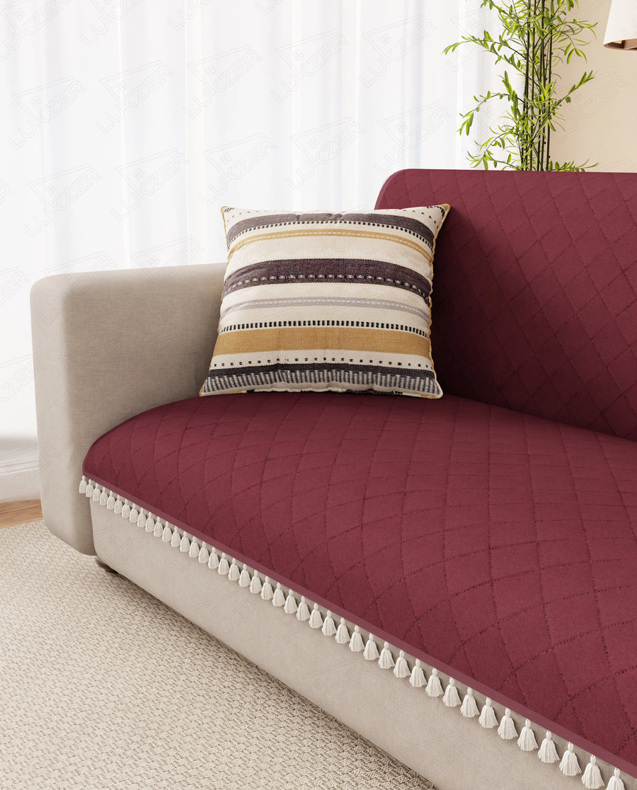 Lukzer 5 Seater Quilted Sofa Cover Mat with Tassels - 3+1+1 Seat - Cranberry Red - SC-194-05T