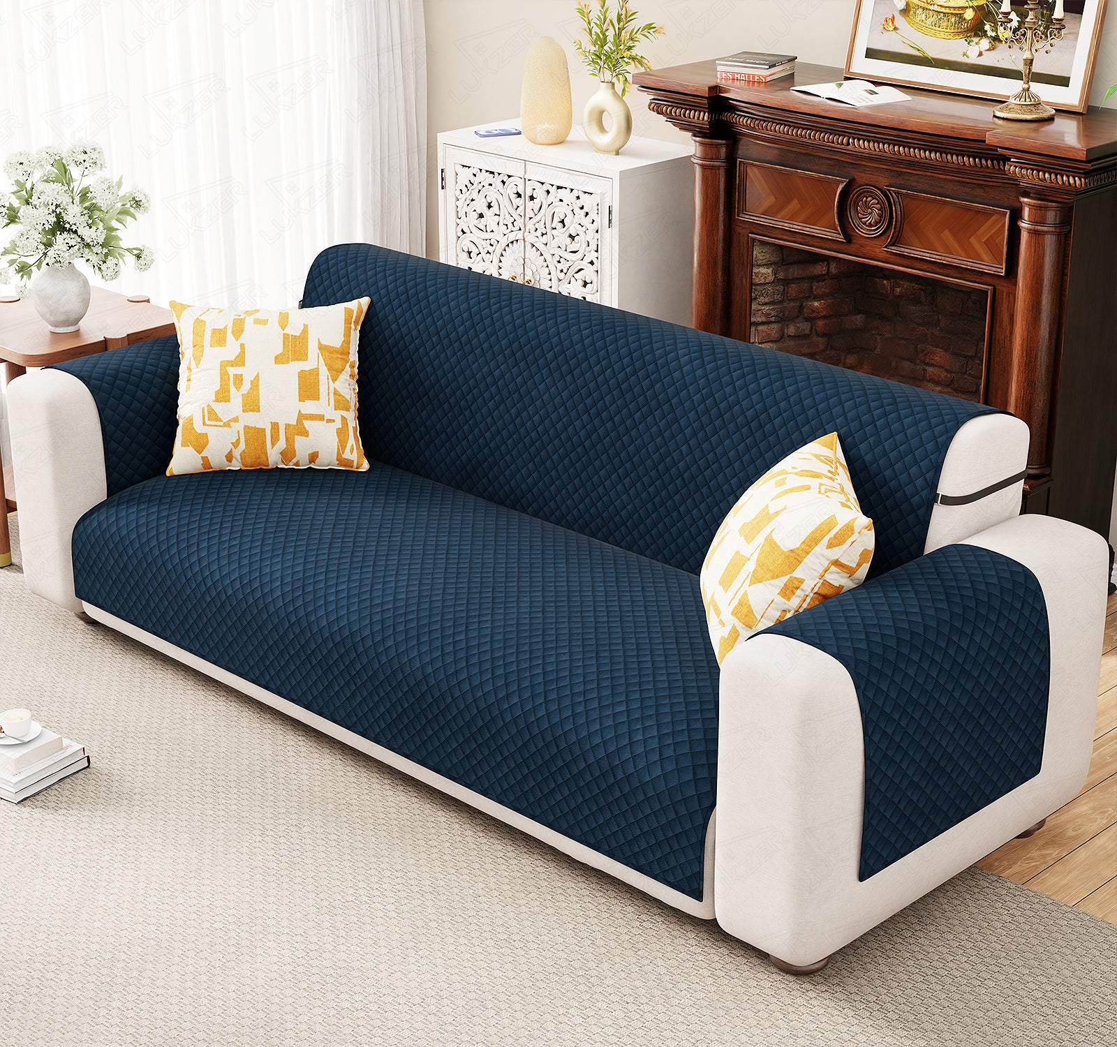Lukzer Quilted Velvet Sofa Mat | 200 GSM Soft Washable &amp; Removable Couch Protector | Anti-Slip Elastic Strap Cover for Living Room, Pet &amp; Spill Protection