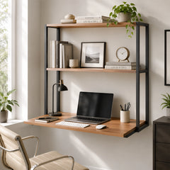 Lukzer Wall Mounted Study Table with Multipurpose Storage Shelves (MMR-007/Black & Oak Brown)