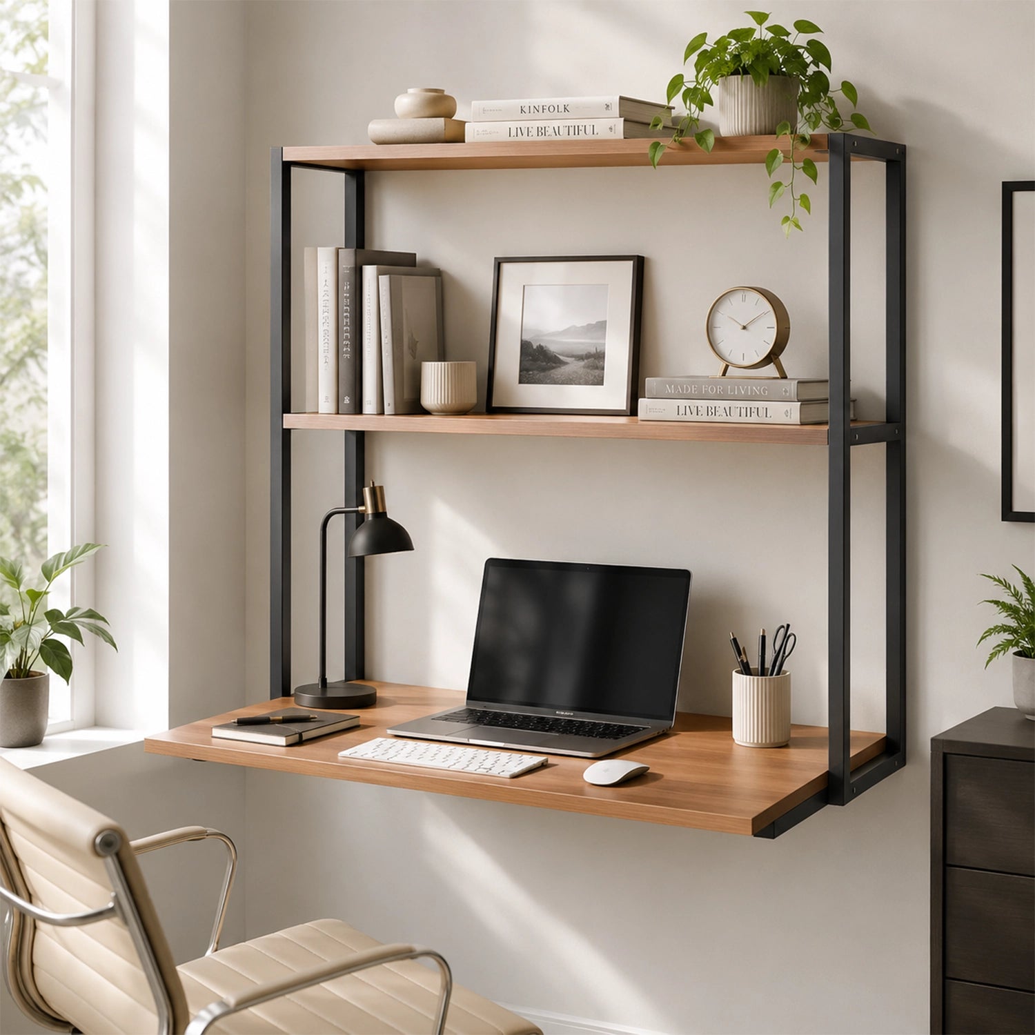 Lukzer Wall Mounted Study Table with Multipurpose Storage Shelves (MMR-007/Black & Oak Brown)