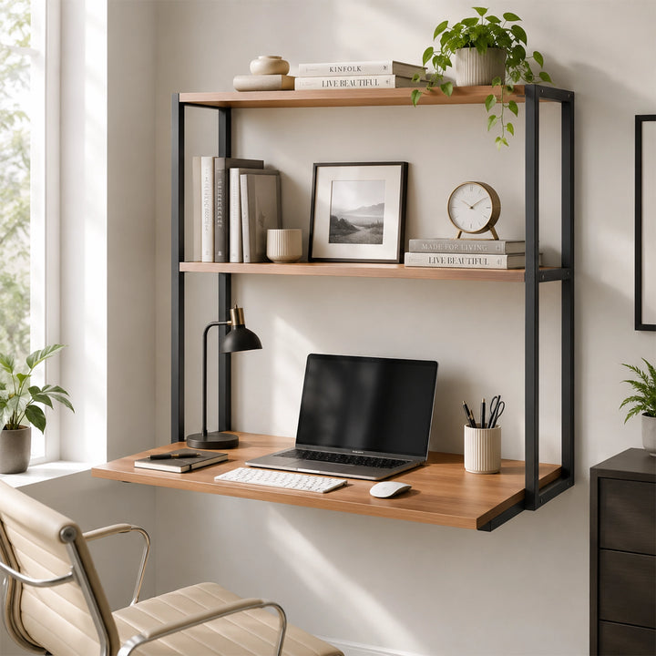 Lukzer Wall Mounted Study Table with Multipurpose Storage Shelves (MMR-007/Black & Oak Brown)