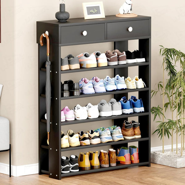 Lukzer 5-Tier Shoe Rack with Storage Drawers Engineered Wood Shoe Organizer (SR-001/Black)