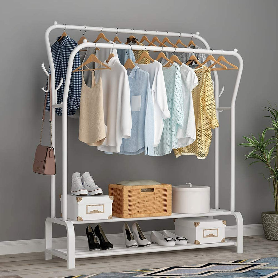 Lukzer Metal Cloth Stand with 2 Hanging Rods & Dual Storage Shelves (MGS-003/White)
