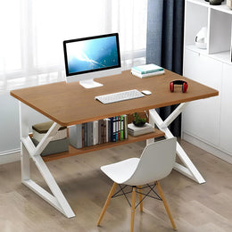 Lukzer Modern Engineered Wood Computer Desk with Bookshelf Oak Brown Top & White Frame (MST-001)