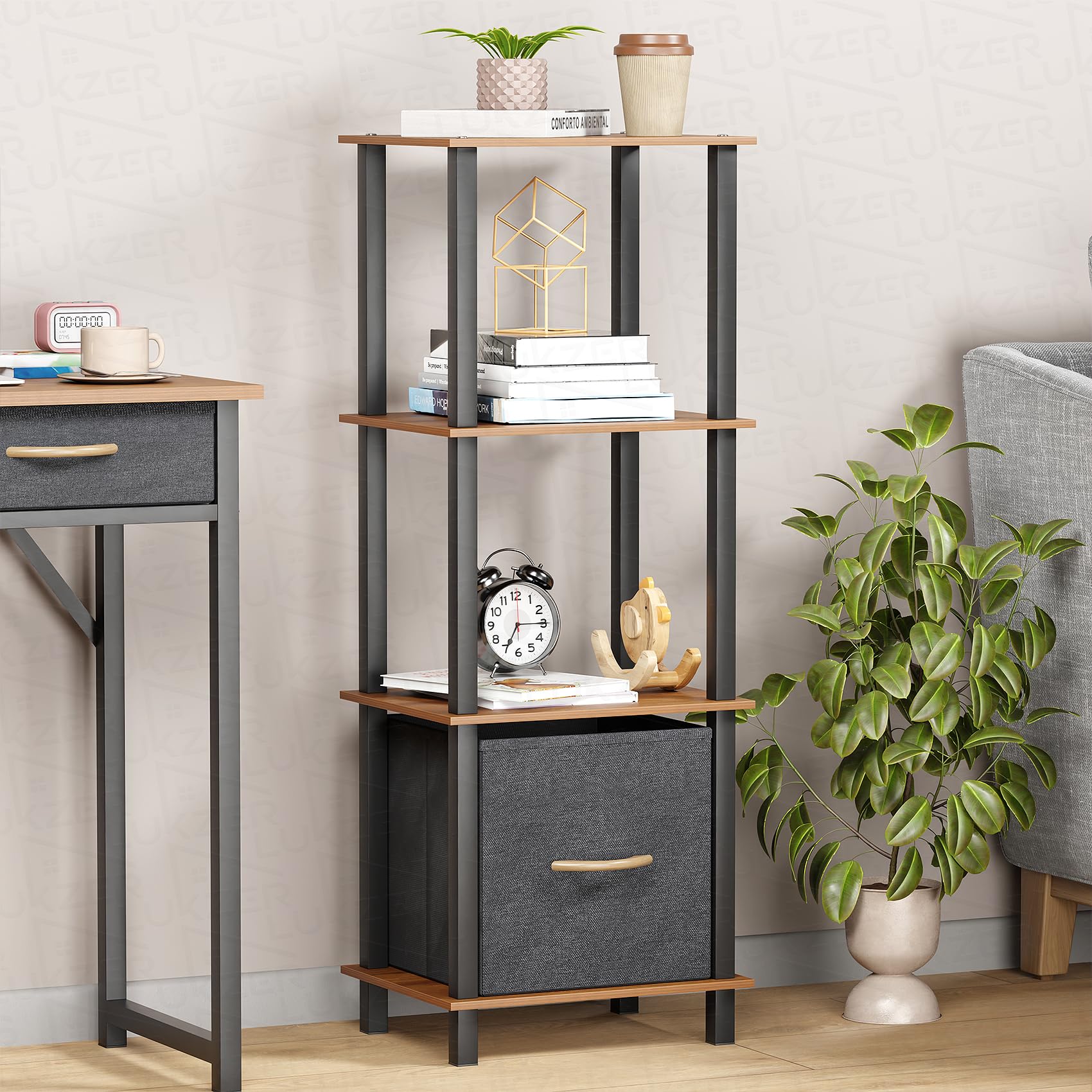Lukzer 4-Tier Engineered Wood Bookshelf with Fabric Drawer (MRM-001/Oak Brown)