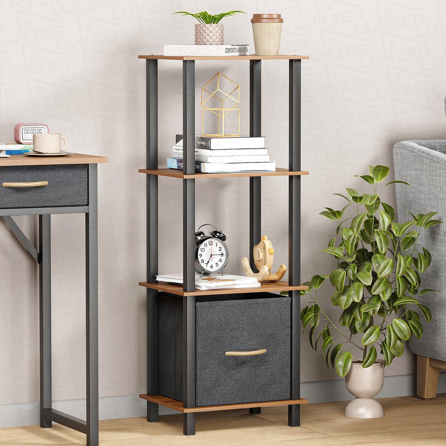 Lukzer 4-Tier Engineered Wood Bookshelf with Fabric Drawer (MRM-001/Oak Brown)