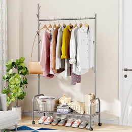Lukzer Heavy-Duty Portable Metal Clothes Rack with Single Rod & Bottom Shelf (MGR-001/Grey)