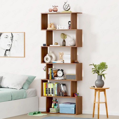 Lukzer 6-Layer S-Shaped Ladder Engineered Wood Open Bookshelf Rack (MR-002, Oak Brown)