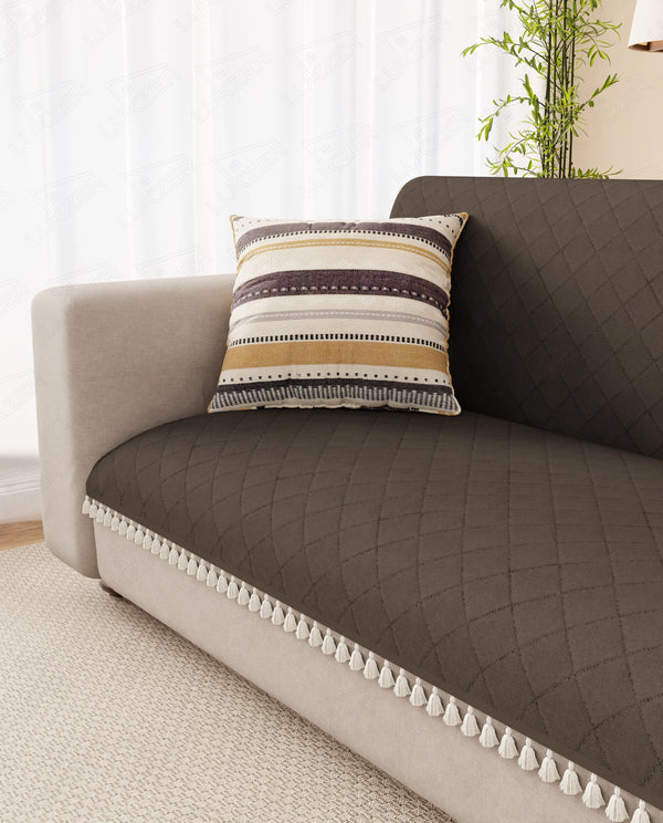 Lukzer 5 Seater Quilted Sofa Cover Mat with Tassels - 3+1+1 Seat - Chocolate Brown - SC-192-05T