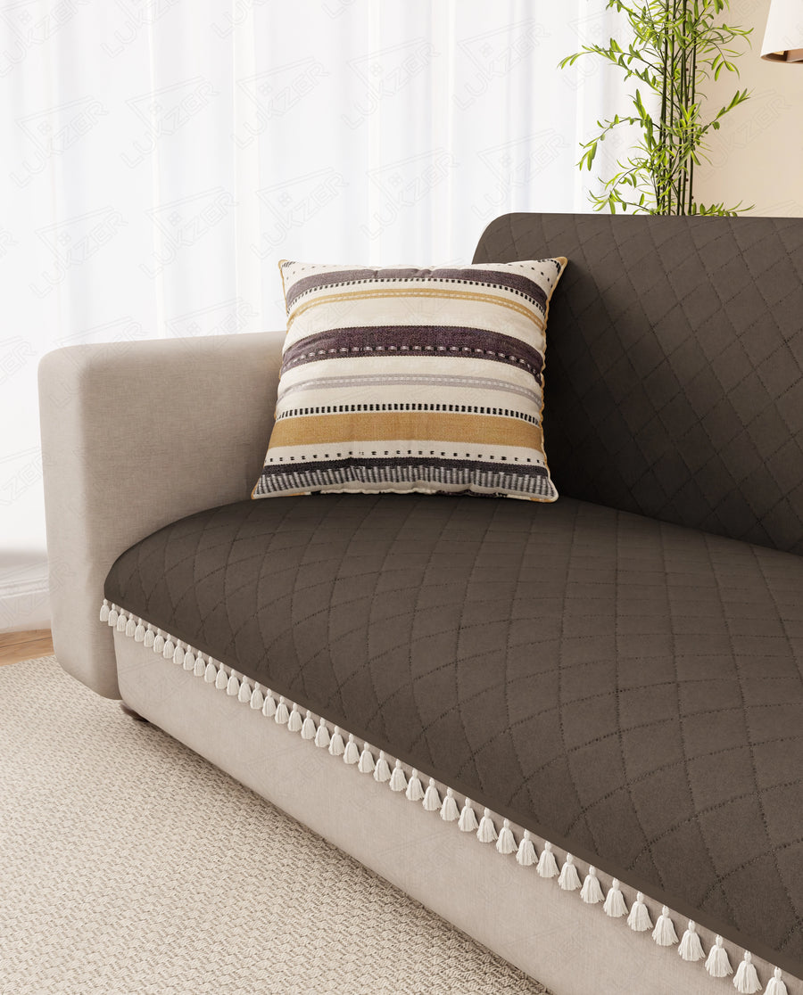 Lukzer 5 Seater Quilted Sofa Cover Mat with Tassels - 3+1+1 Seat - Chocolate Brown - SC-192-05T