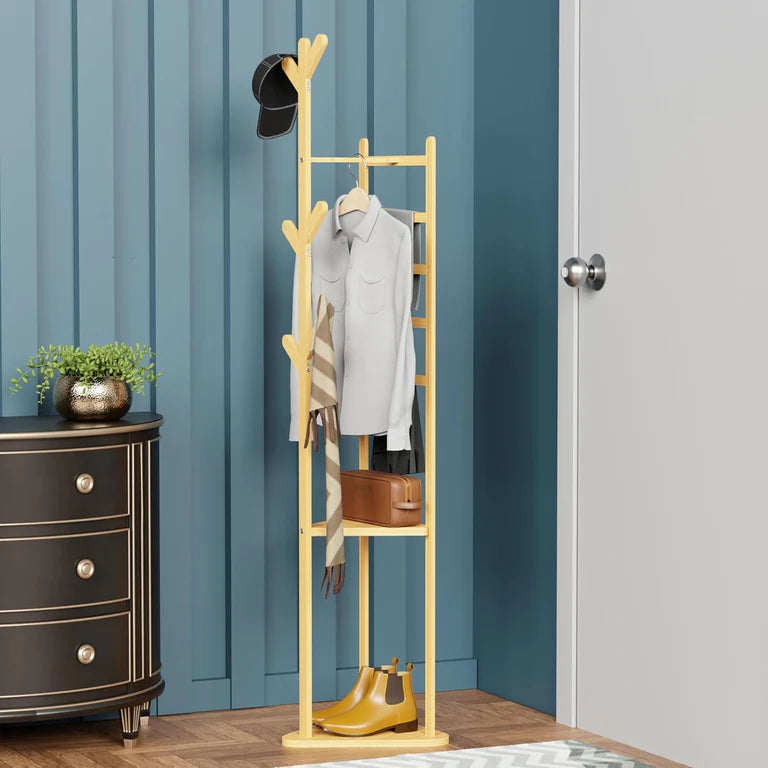 Lukzer Triangular Bamboo Coat & Garment Stand with 6 Side Hooks & Dual Shelves (CH-035)