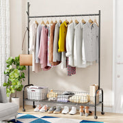 Lukzer Metal Single Rod Clothes Hanging Stand with Bottom Shelf & Lockable Wheels (MGR-003/Black)