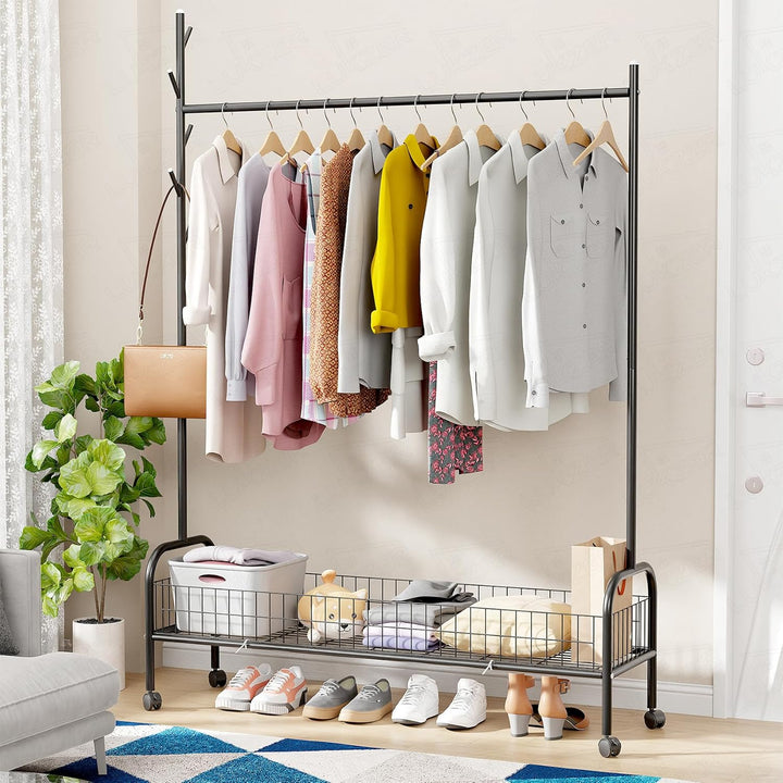 Lukzer Metal Single Rod Clothes Hanging Stand with Bottom Shelf & Lockable Wheels (MGR-003/Black)