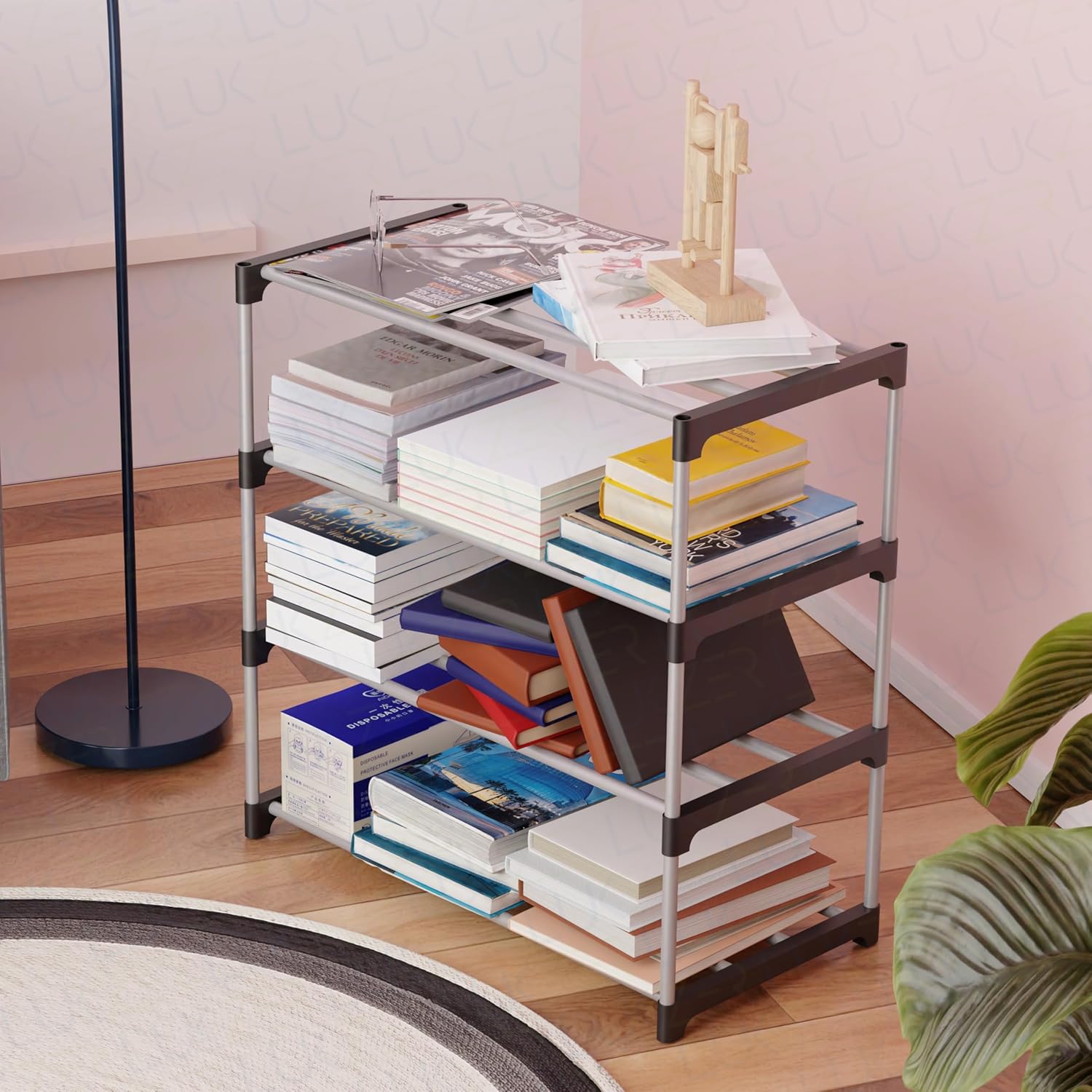 Lukzer Easy DIY Metal & Plastic Bookshelf/Storage Organizer – Black & Silver (3/4/5/6 Layers)
