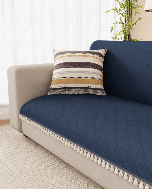 Lukzer 2 Seater Quilted Sofa Cover Mat with Tassels - Midnight Blue - SC-191-02T