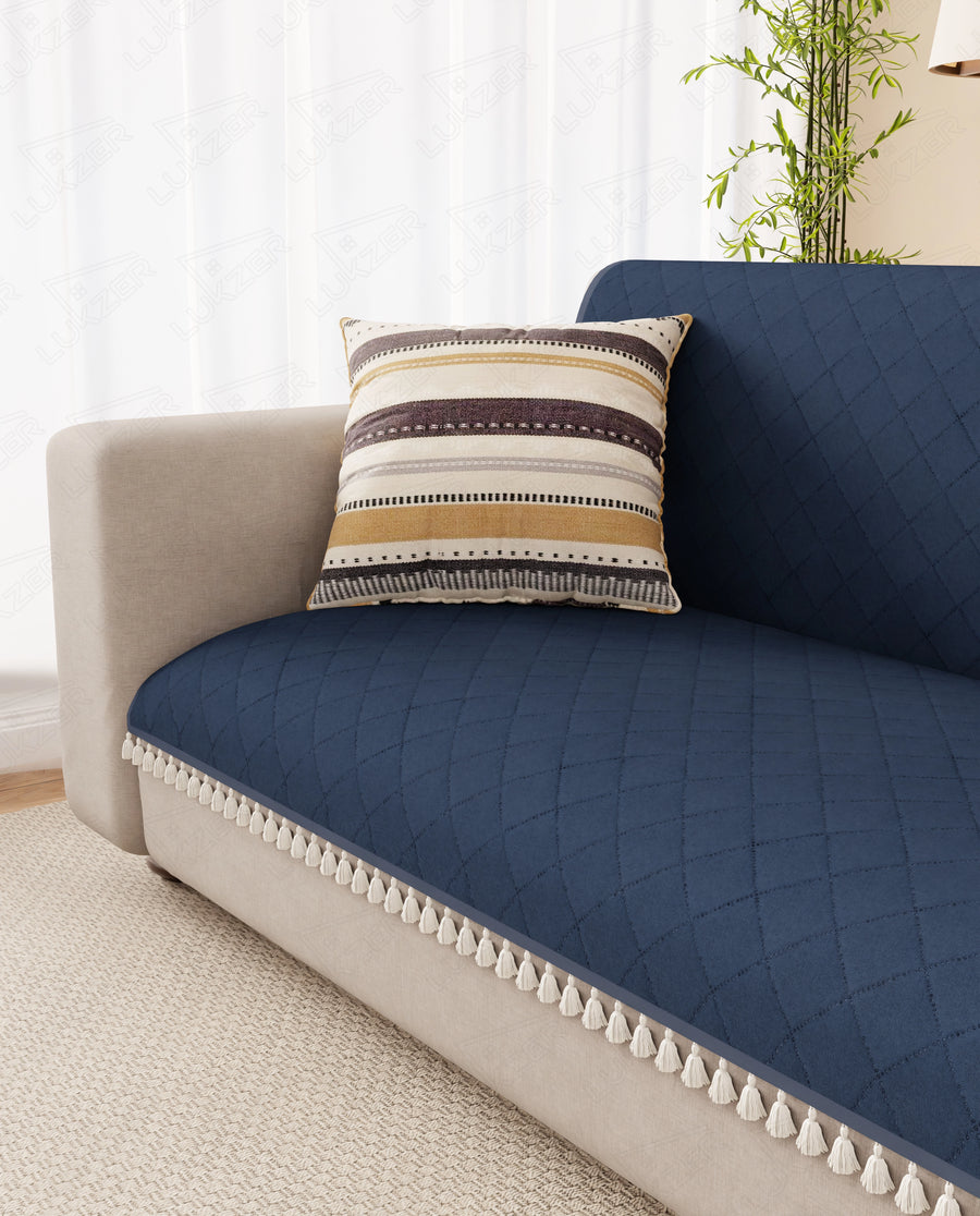 Lukzer 2 Seater Quilted Sofa Cover Mat with Tassels - Midnight Blue - SC-191-02T