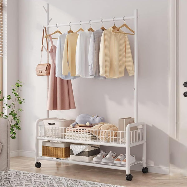 Lukzer Heavy-Duty Portable Metal Clothes Rack with Double Rod & Bottom Shelf (MGR-002/White)