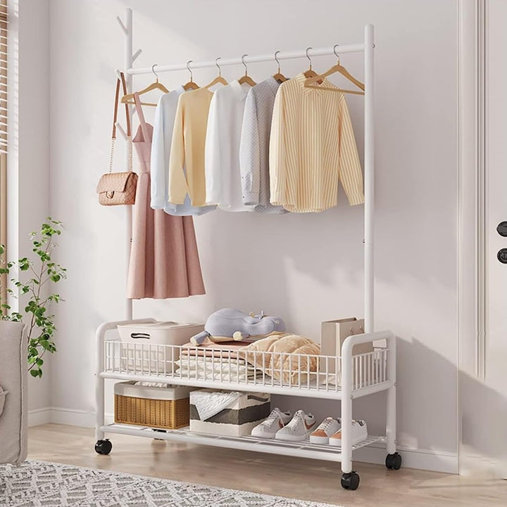 Lukzer Heavy-Duty Portable Metal Clothes Rack with Double Rod & Bottom Shelf (MGR-002/White)