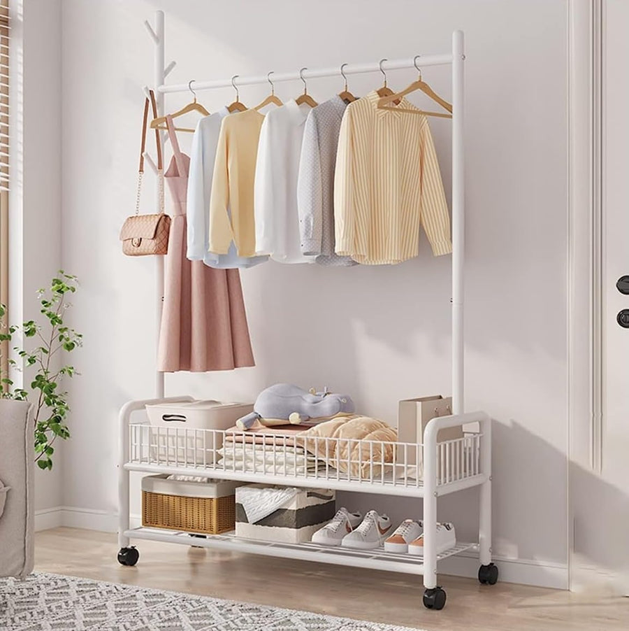 Lukzer Heavy-Duty Portable Metal Clothes Rack with Double Rod & Bottom Shelf (MGR-002/White)