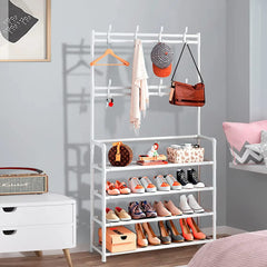 Lukzer Space-Saving Metal Garment Stand with 8 Hangers & 5-Tier Storage – Black/White (170x80x26cm)