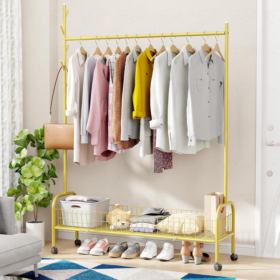 Lukzer Metal Single Rod Clothes Hanging Stand with Bottom Shelf & Lockable Wheels (MGR-003/Gold)