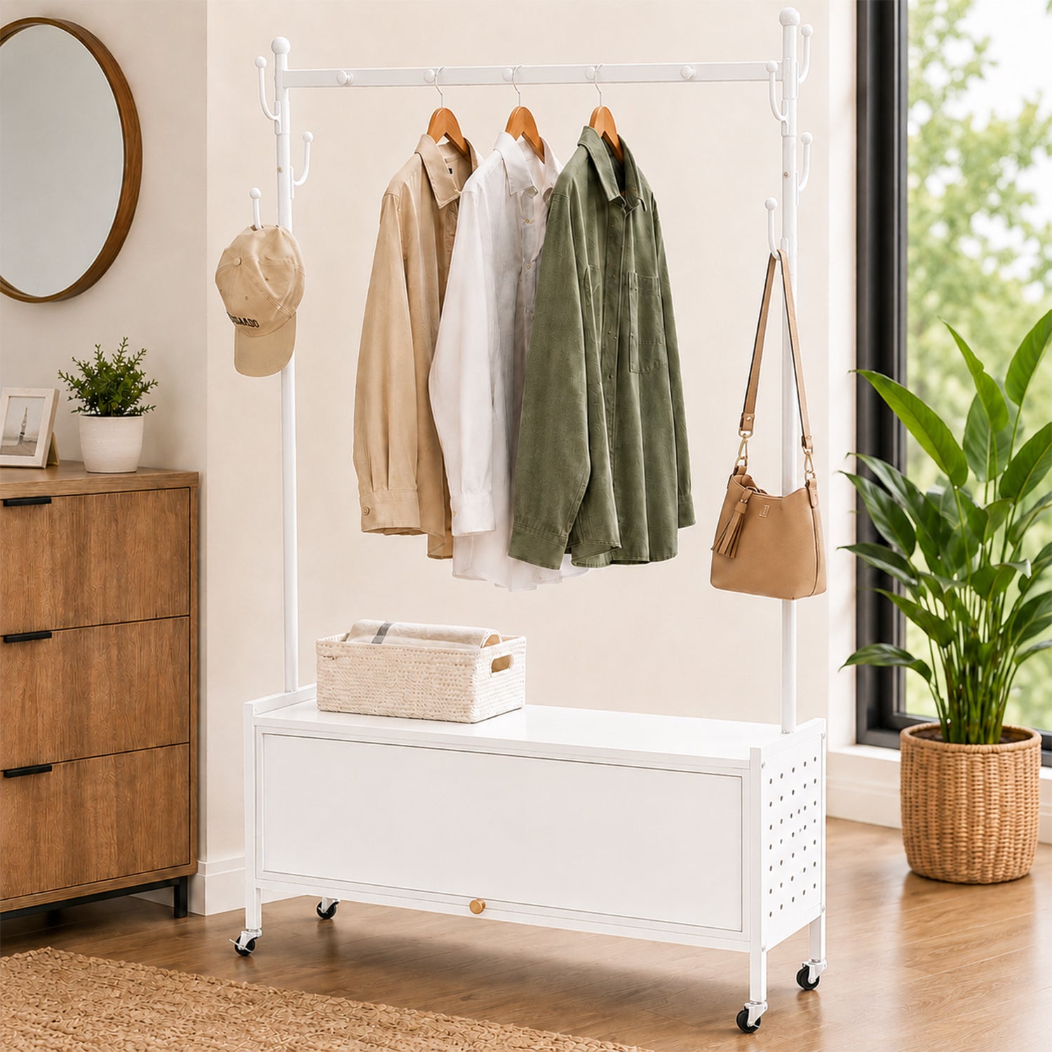 Lukzer Metal Garment Rack with Dust-Proof Storage Shelf & Multiple Hooks (White)