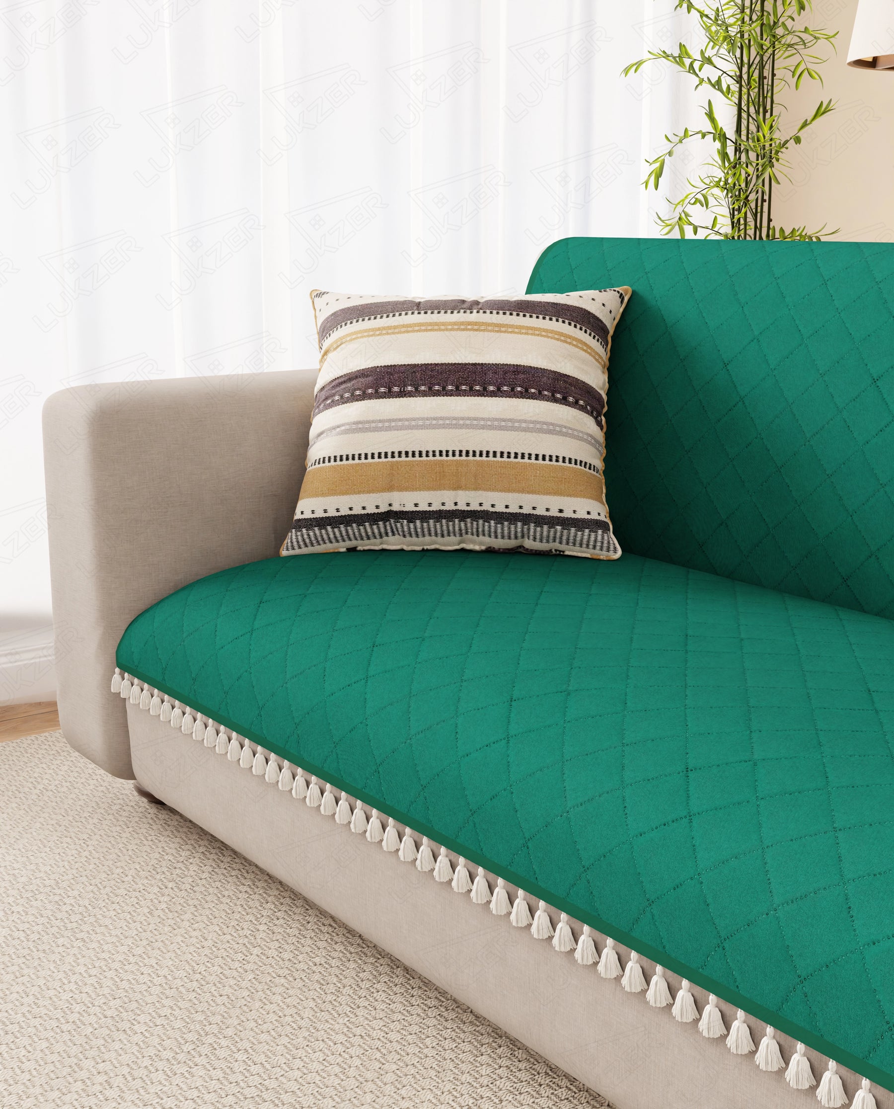 Lukzer 2 Seater Quilted Sofa Cover Mat with Tassels - Forest Green - SC-200-02T