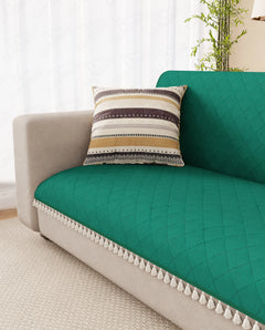 Lukzer 2 Seater Quilted Sofa Cover Mat with Tassels - Forest Green - SC-200-02T