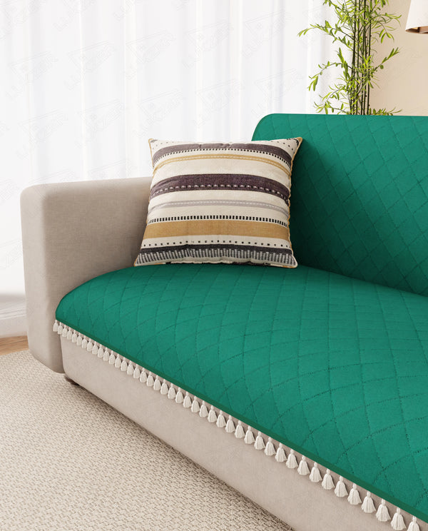 Lukzer 5 Seater Quilted Sofa Cover Mat with Tassels - 3+1+1 Seat - Forest Green - SC-200-05T