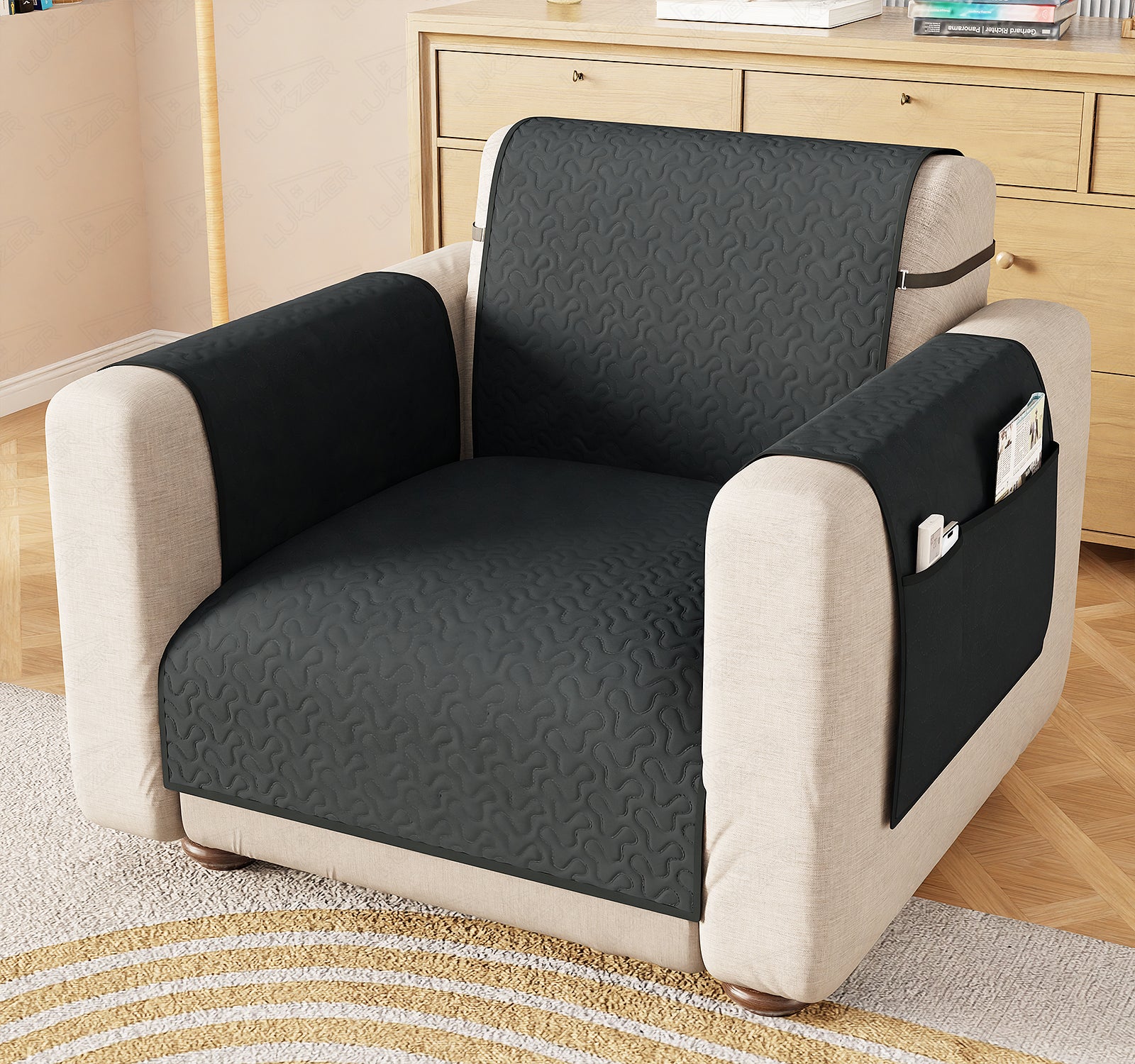 Lukzer Quilted Stipple Blue Sofa Cover Mat with Storage Side Pocket | 350 GSM Polyester Blend Full Coverage with Arms &amp; Back Belt | Machine Washable Sofa Runner.