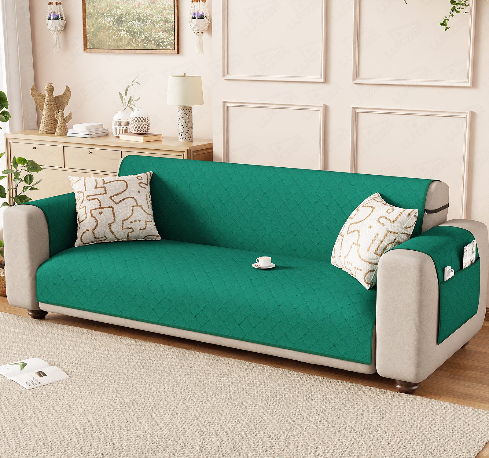 Lukzer Polyester Blend Quilted Sofa Cover Mat (350 GSM)| Full Coverage with Arms &amp; Back Belt | Machine Washable Sofa Runner with Storage Side Pocket
